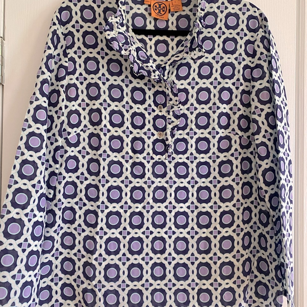 Tory Burch long sleeve cotton blouse . Ruffle detail logo buttons